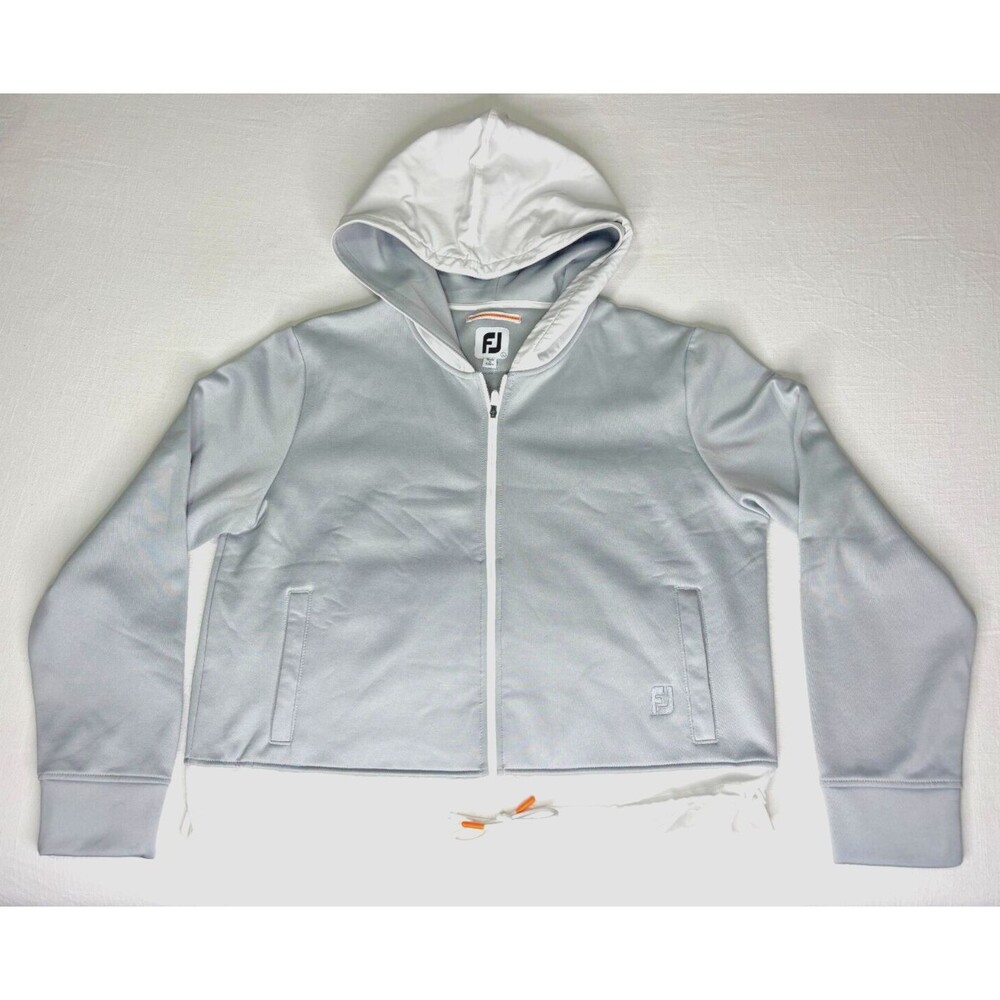 Women's FootJoy Full Zip Jersey‎ Cropped Fleece Woven Trim Hoodie - Gray/White L
